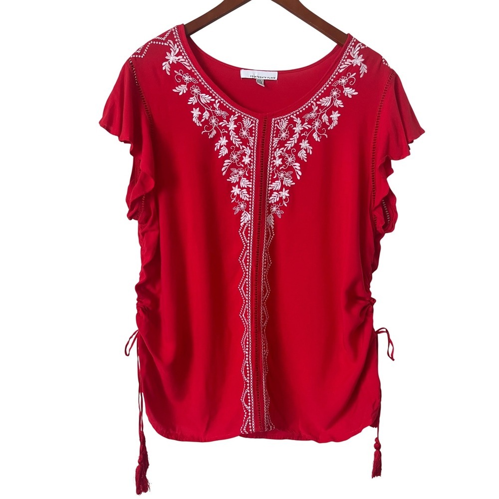 Fourteenth Place Red Embroidered Boho Tassel Blouse Plus Size 3X